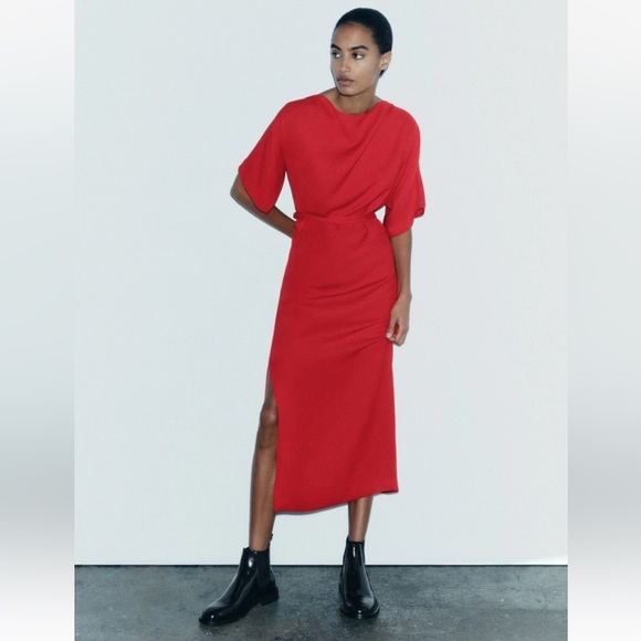 Zara Bright Red Midi Belted Side Zip Slit Short Sleeve Minimalist Slouch Dress - Picture 11 of 17